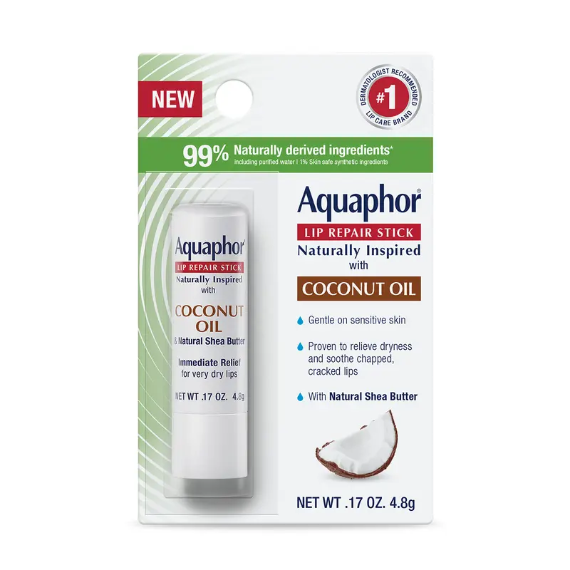 Aquaphor Lip Repair Stick - Naturally Inspired Coconut Scent, 0.17oz, 99% Naturally Derived Ingredients & Shea Butter, Therapeutic Fragrance, Healthy Dry Lips Moisturizing & Smoothing Solution, Moisture, Treatment