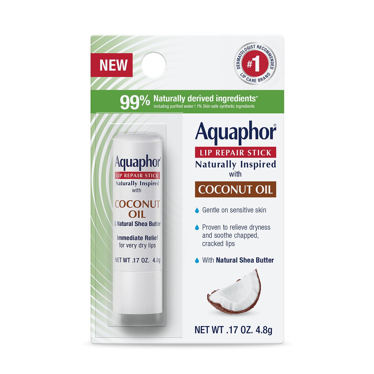 Aquaphor Lip Repair Stick Naturally Inspired Coconut 0.17oz Moisturize Smooth with 99% Naturally Derived Ingredients & Shea Butter Fragrance for Dry Lips