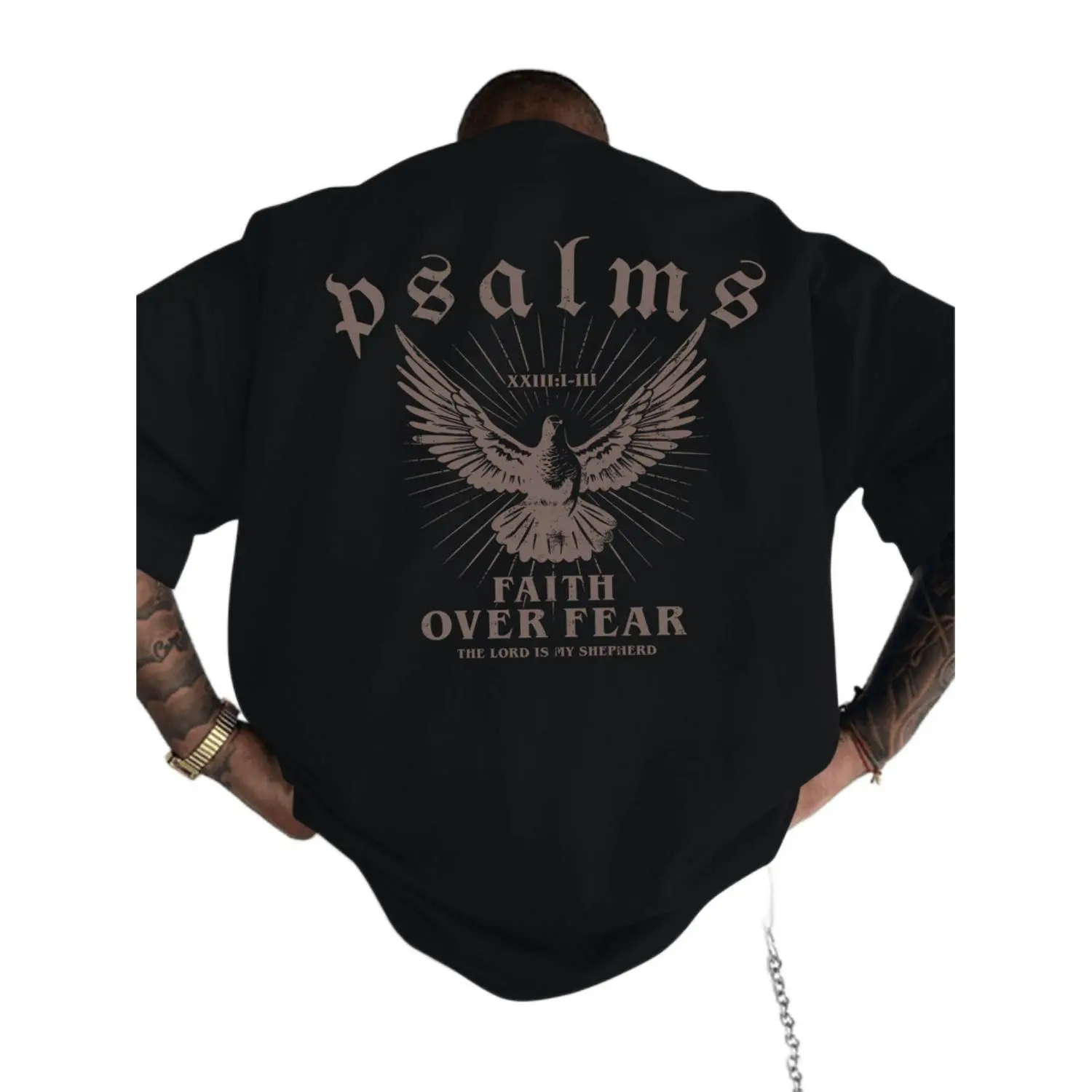 Faith Over Fear T-Shirt With Psalm 93 4 Design Loose Fit Crew Neck Short Sleeve For Men Casual Wear Sports Fan Gift In Glossy Black..