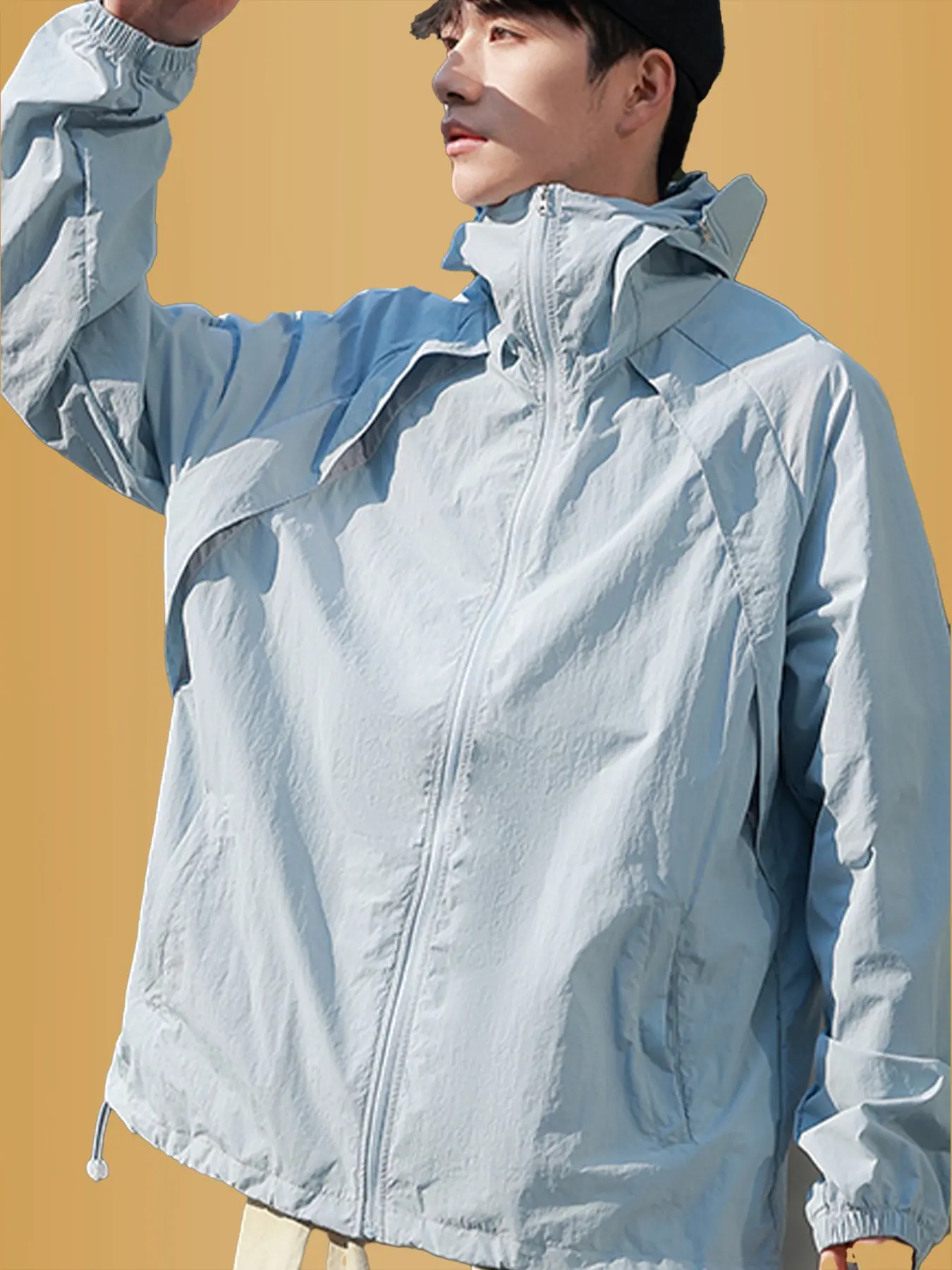 Unisex Hooded Drop Shoulder Jacket, Lightweight Quick-Dry Outerwear, Elastic Sleeve Cuffs, Simple Style, Fashionable and Versatile