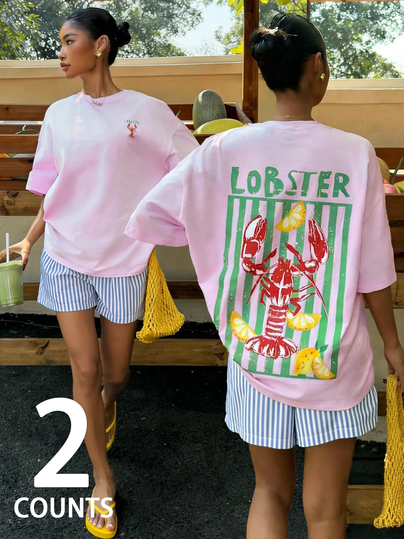 2 Pieces Women's Pink Lobster Print Matching Outfit, Casual Striped Shorts & Oversized Baggy Loose Tee Set Casual Summer Set For Beach Vacation Top Clothes