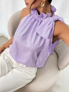 Women's Fashion Casual Sleeveless Striped Lace High Neck Tie Top, Stylish Summer Blouse, Comfortable and Trendy Outerwear, Casual Fashion Shirt