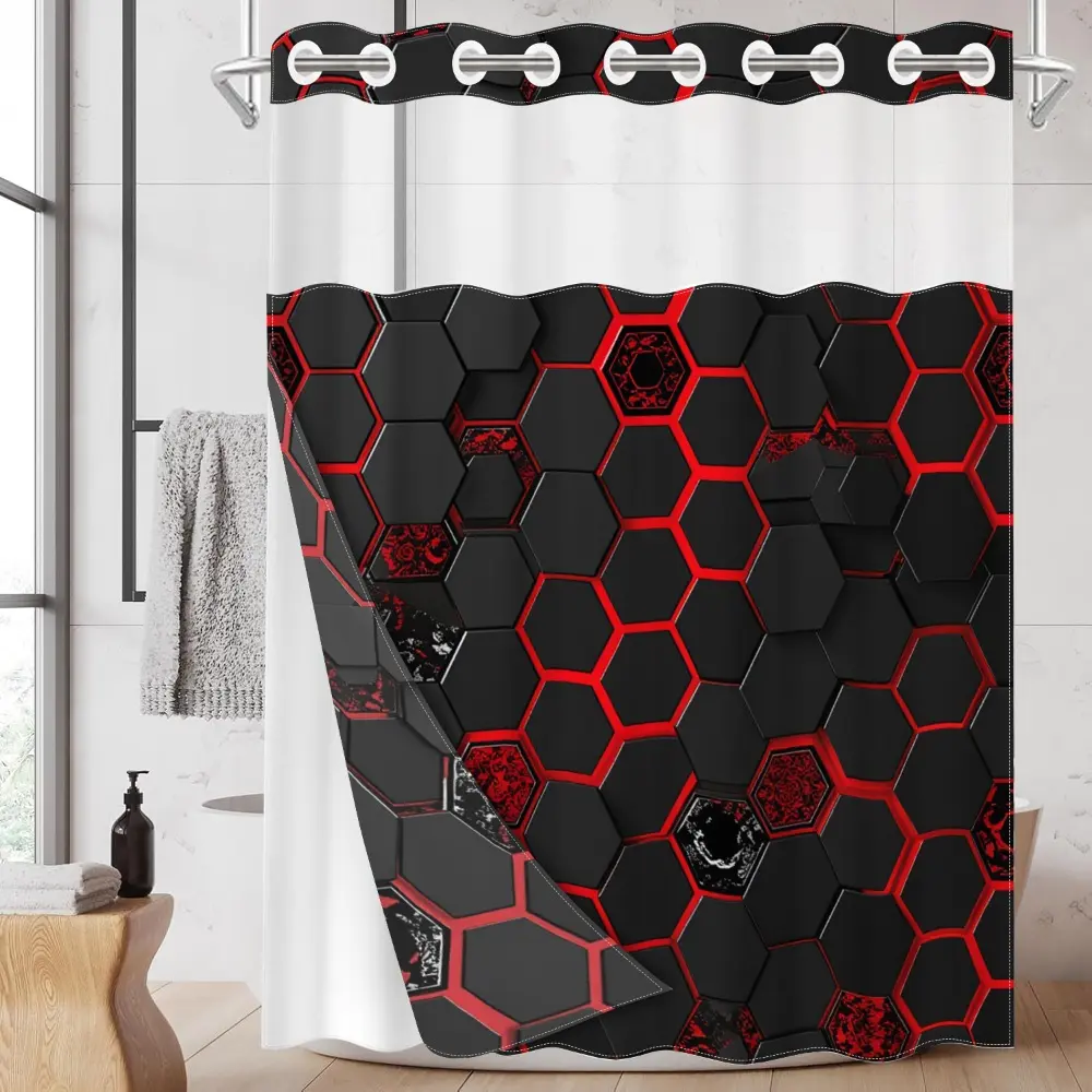 1pc hookless shower curtain with buckle lining, black and red hexagonal geometric patchwork design, 2D flat printing, fabric waterproof lining, see-through double-layer shower curtain, 71 x 74 inches, modern home draping curtain.