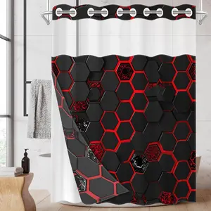 1pc hookless shower curtain with buckle lining, black and red hexagonal geometric patchwork design, 2D flat printing, fabric waterproof lining, see-through double-layer shower curtain, 71 x 74 inches, modern home draping curtain.