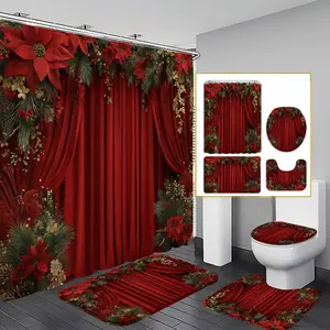72x72 Inch Waterproof Floral Christmas Bathroom Curtain Set, Shower Curtain, Durable Polyester Fiber, Easy Installation, Includes Hooks, Holiday Gift Choice