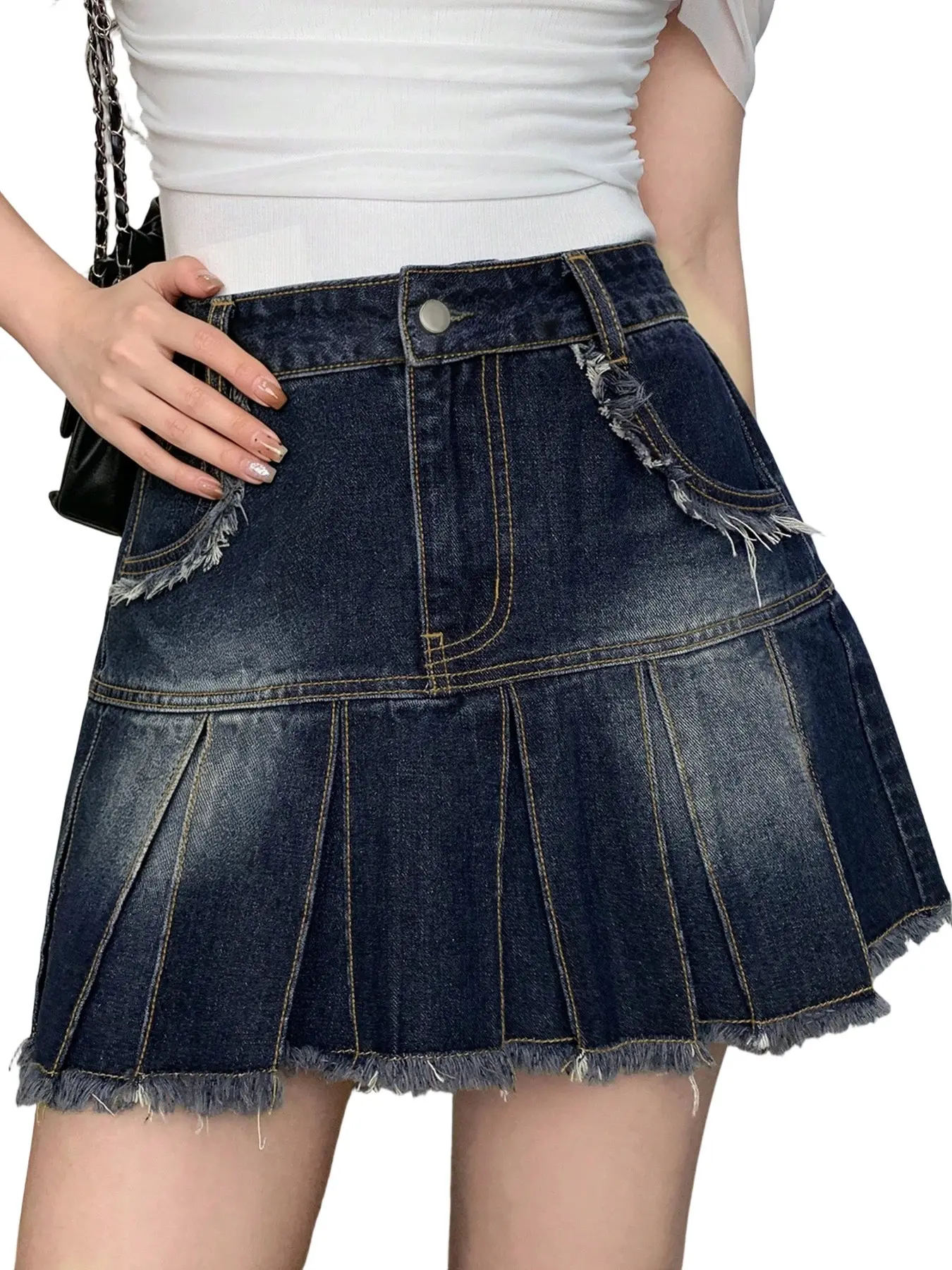 Women's High Waist Pleated Denim Skirt, Vintage Washed Raw Hem A-Line Mini Skirt with Under Shorts, Casual Everyday Basic Y2K Streetwear Street Fashion Skirt Womenswear Summer