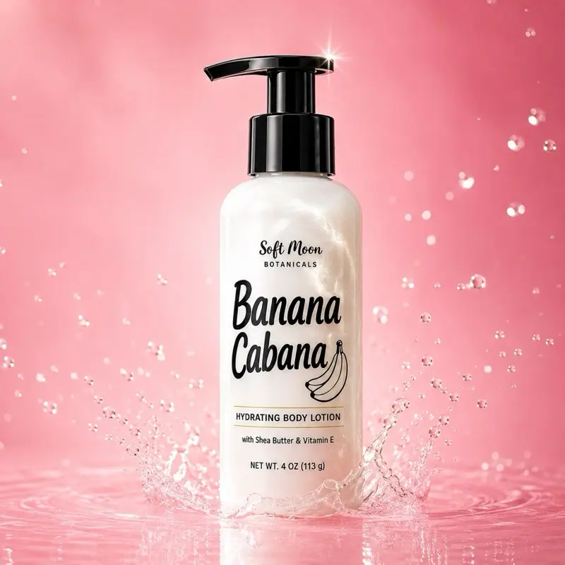 Banana Cabana Hydrating Body Lotion | Lightweight Shea Butter Body Lotion for Dry Skin | Moisturizing Daily Body Cream with Vitamin E | Tropical Banana Vanilla Scent | Non-Greasy Fast Absorbing Lotion | Soft Moon Botanicals 4 oz