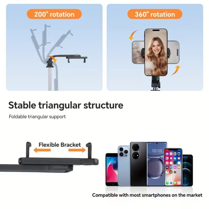 Foldable 2 in 1 Selfie Stick 360° Rotation Height Adjustable Telescoping Tripod Stand with Wireless Remote for iPhone Samsung Accessories Rechargeable Smart Face Tracking