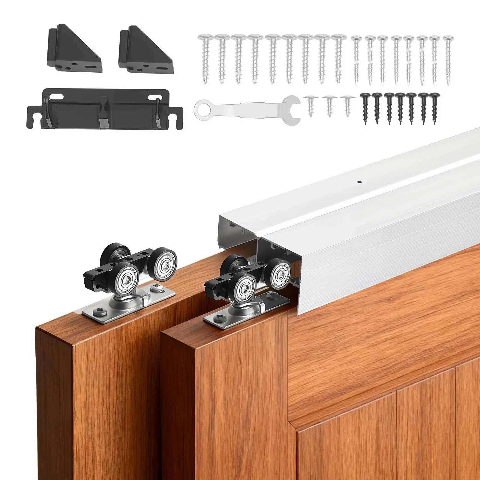 Bypass Sliding Door Hardware Kit For Closet Doors, Aluminum Alloy Dual-Track System With Smooth Quiet Sliding, Easy To Install, Adjustable For 1 In To 1-3/4 In Door Thickness, 4 Ft Track Length, 24 In Wide, 2-Door System