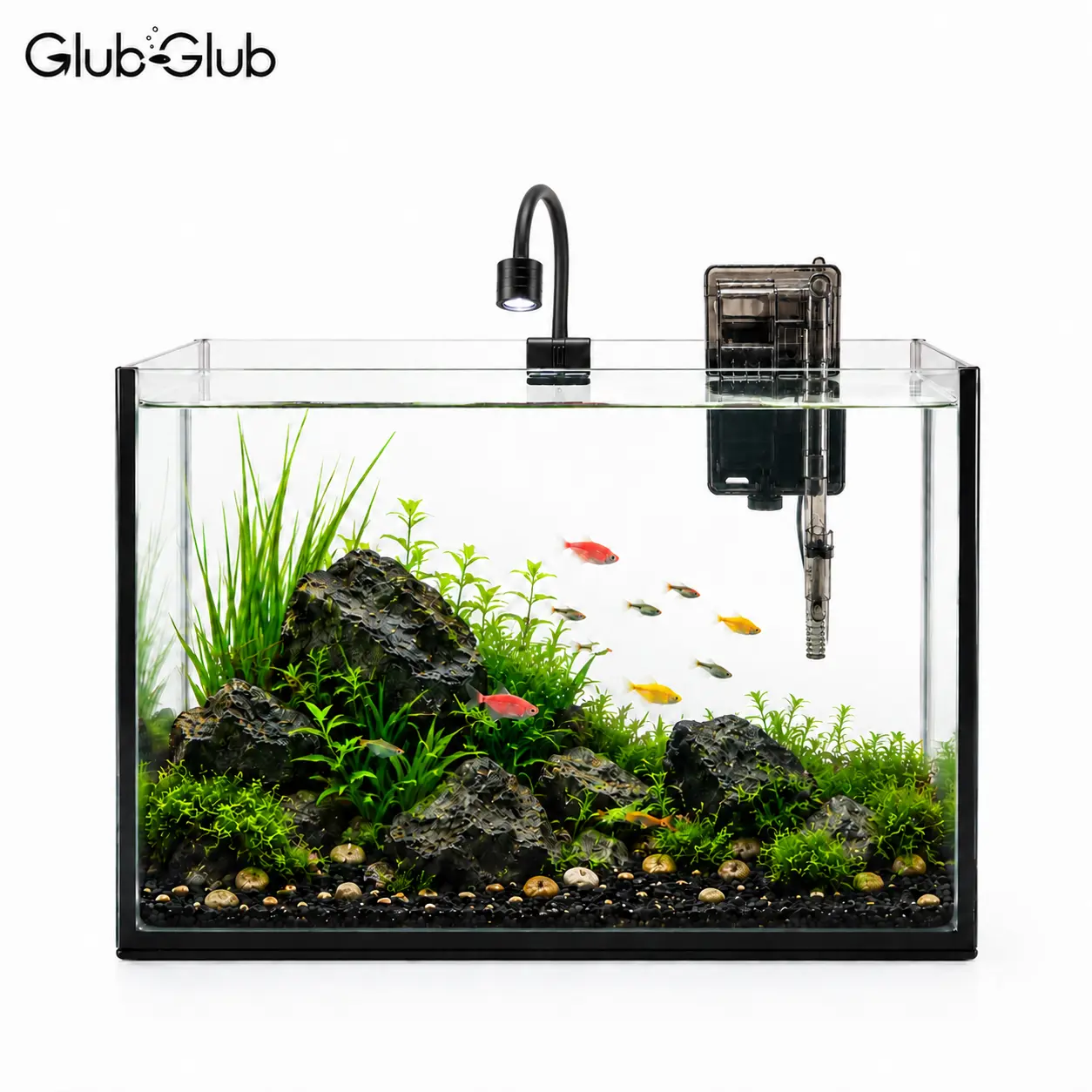 Glub Glub 2.8 Gal Ultra-Clear Glass Aquarium Combo Set | 5W Waterfall Filter & Spotlight LED | Aquascape Starter Kit