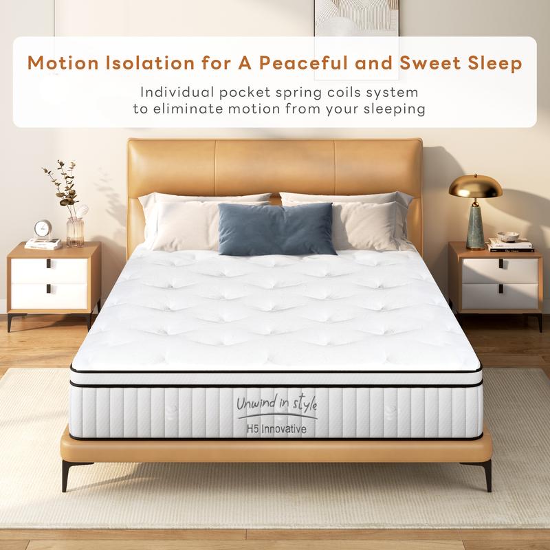 Hybrid Mattress In a Box, Individually Pocketed Innerspring, Fiberglass-Free Mattress, Medium Firm CertiPUR-US Certified, Ergonomic Modern Mattress
