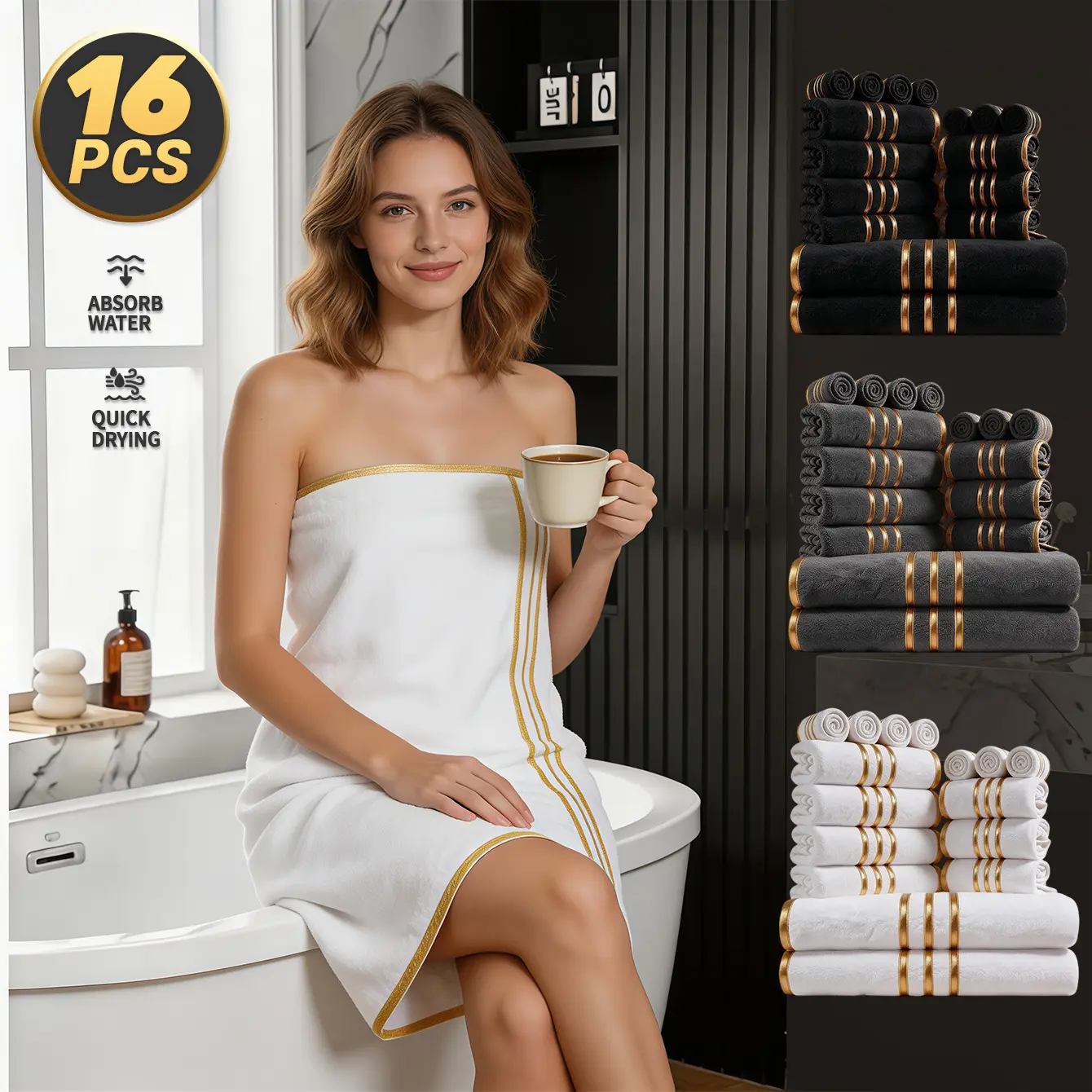 16pcs Premium Bath Towel Set with Golden Trim, High Density Absorbent Towels, Includes Bath Towels, Hand Towels And Washcloths for Daily Use