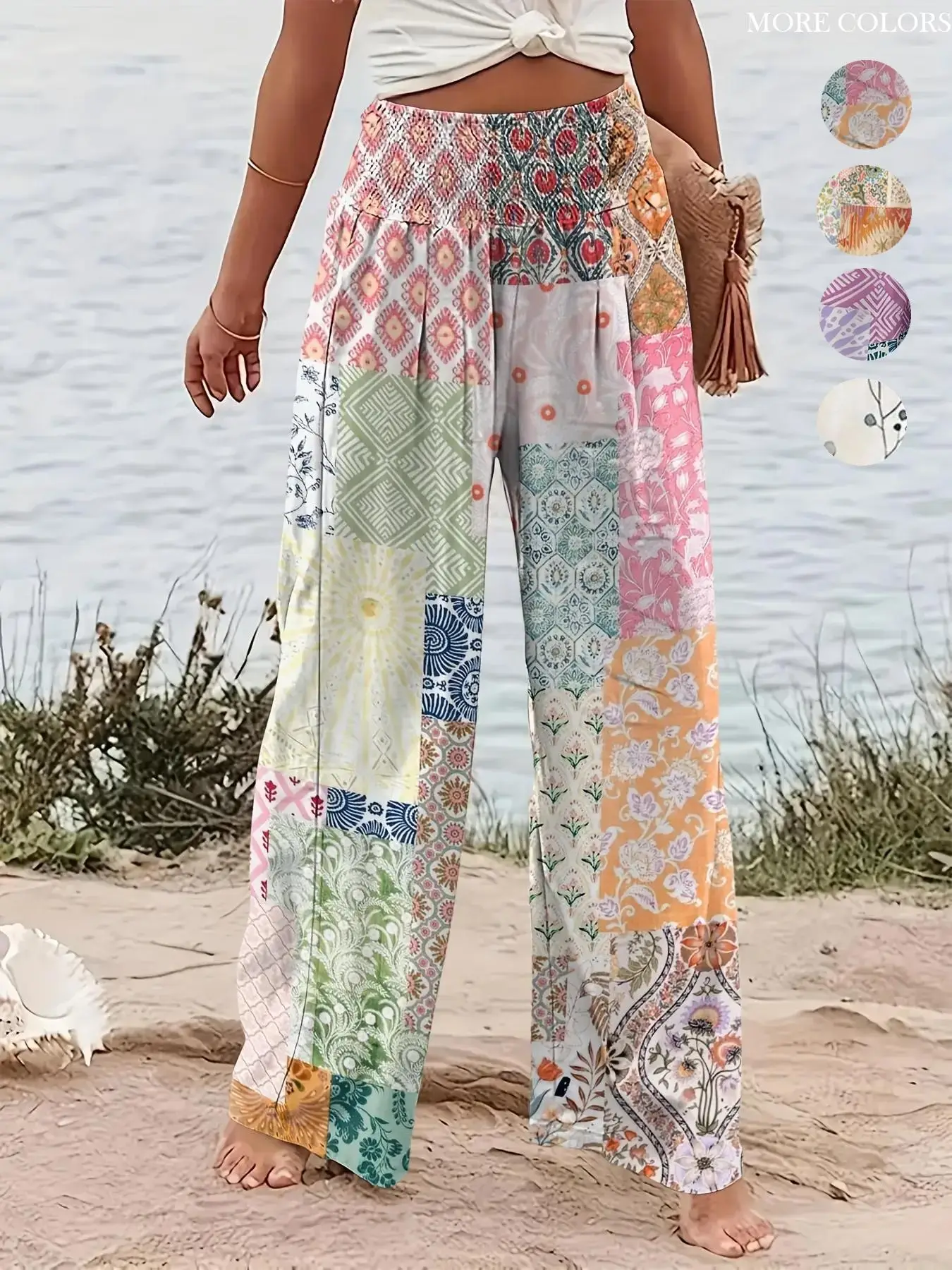 Women's Patchwork Print Elastic Waist Wide Leg Pants, Boho Casual Trousers for Beach Vacation Holiday, Ladies Bottoms for All Seasons