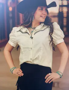 Ivory Studded Constrast Pearl Snap Puff Sleeve