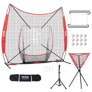 VEVOR 7x7 ft Portable Bow Frame Baseball Softball Practice Net Complete Kit, Hand Tool Kit with Carry Bag, Strike Zone, 12 Balls, Tee & Ball Collector for Hitting Training