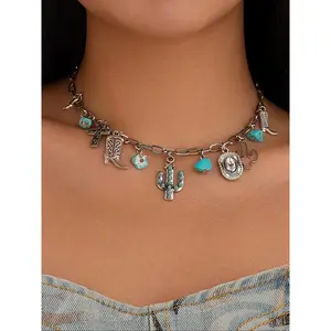 Vintage Cactus Charm Decor Adjustable Pendant Necklace, Fashion Jewelry for Party, Daily Clothing Decor, Trendy Charm Necklaces for Birthday Gift, Stainless Steel Necklaces, Dangling Charms Necklace