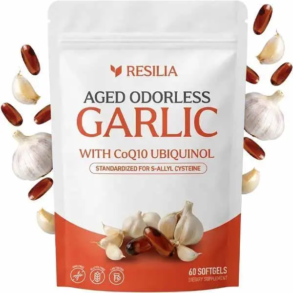 HOT 2026!!! Resilia Odorless Aged Garlic Extract Softgels (60 Count) | 600mg Aged Garlic Extract Per Serving | With CoQ10 Ubiquinol & Vitamin K2 (MK-7) | Dietary Supplement