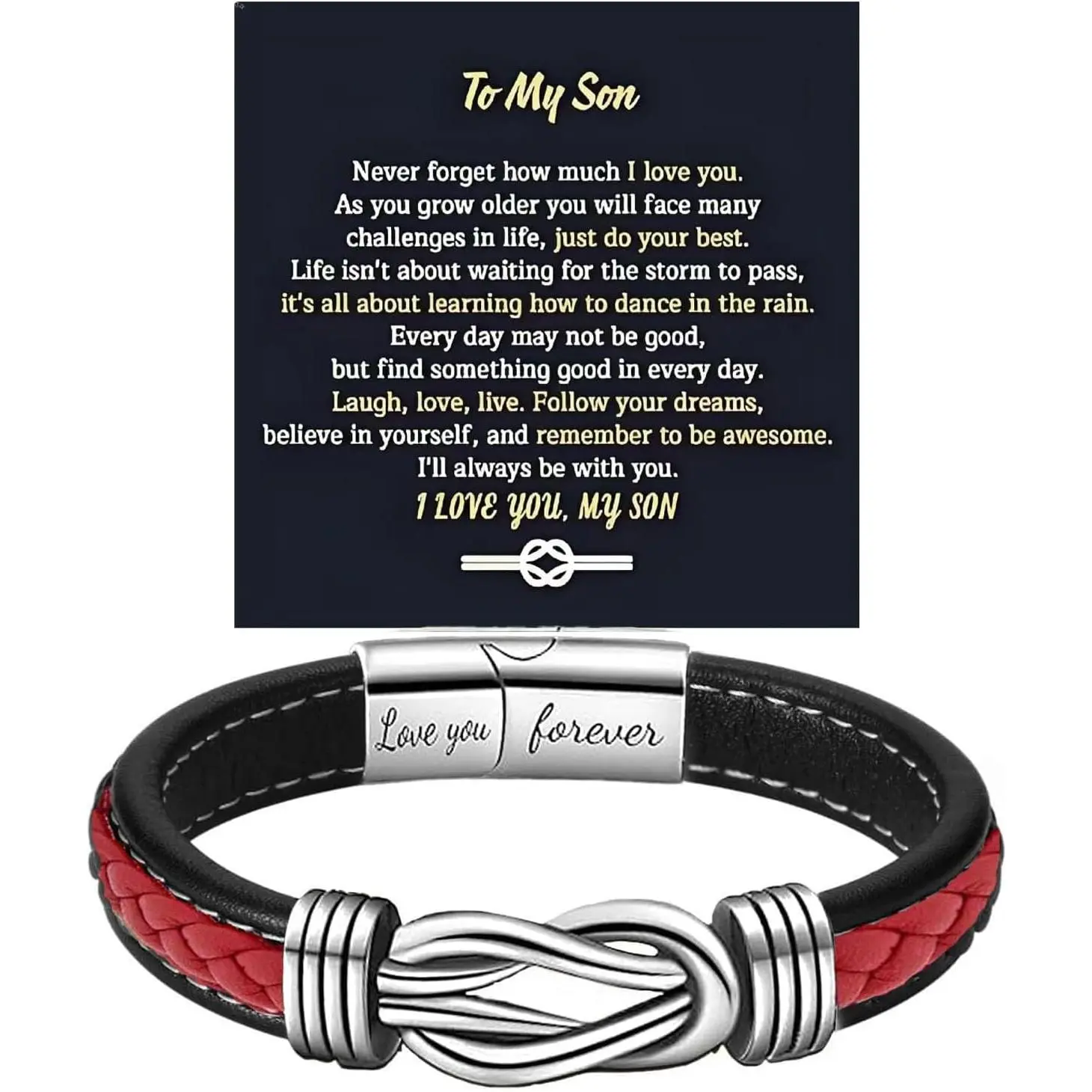 To My Son Infinity Knot Bracelet From Mom, Forever Linked Together Stainless Steel Braided Leather Inspirational Bracelets Engraved Love You Forever Birthday