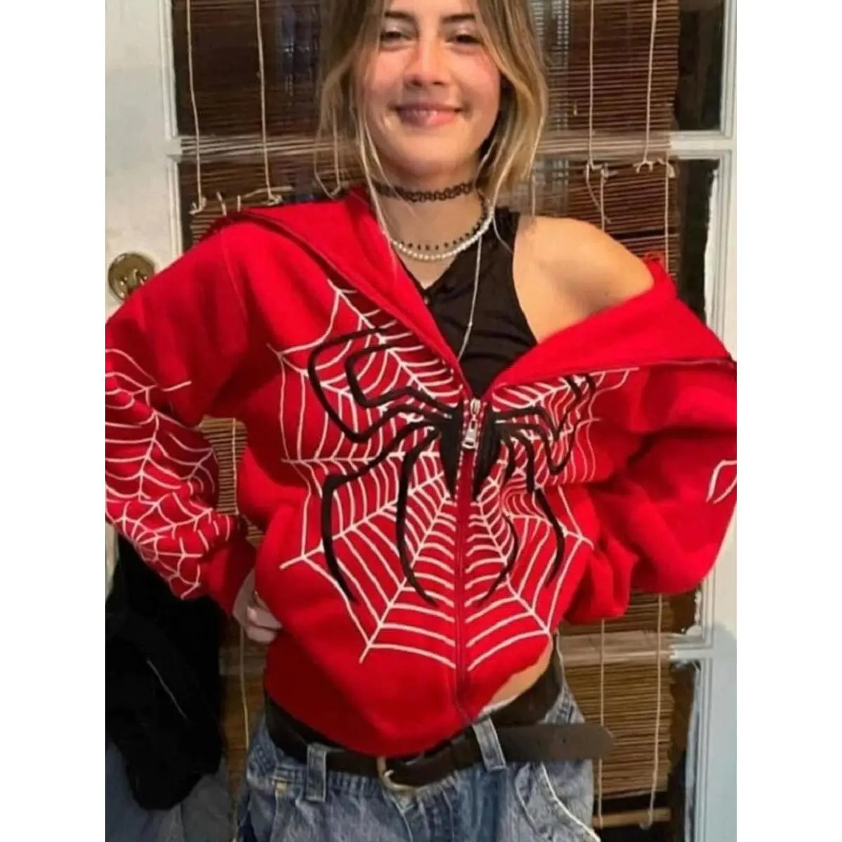 Women's Zipper Hoodie Jacket, Casual Fleece Warm Spider Web Print, Comfortable Outerwear for Ladies, Stylish and Cozy Design
