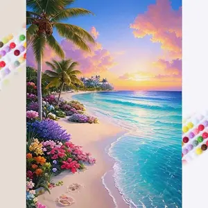 5D DIY Full Rhinestone Round Diamond Painting - Diamond Art Painting Kit Beach, Palm Trees, Flowers Mosaic, Canvas - DIY Wall Decor, Home Wall Decoration, Suitable for Halloween and Christmas, Birthday and Anniversary Gifts