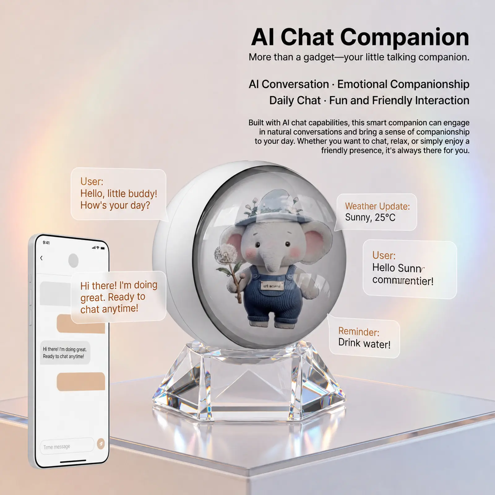 Cute Elephant Smart Talking Emotional Companion | Touch Interactive Bluetooth Speaker, Custom Reminders & Real-Time Weather Alerts, APP Controlled 3D Screen Photo Slideshow, Portable Decor Desk Ornament Gift for Women Teens