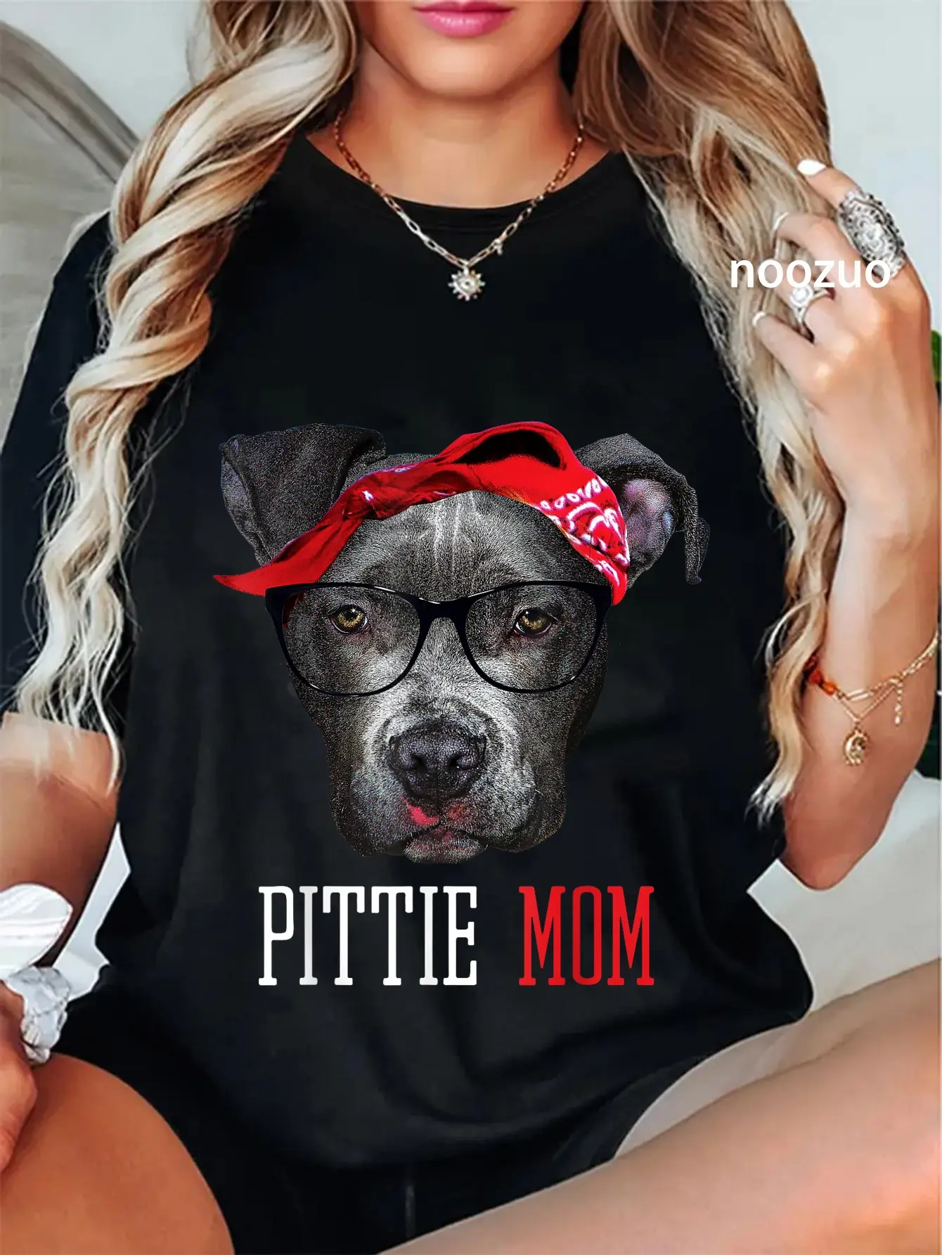 Women's 100% Cotton Short-Sleeve Casual Everyday Graphic T-Shirt - Pittie Mom Pitbull Dog Lover Lady's Mother's Day Gift, Shortsleeve, Round Neck, Top, Tshirt, Vintage, Pitbull Lover Tee