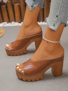 Women’s Plaid Platform Mules - Retro Checkered Block Heels with Peep Toe, Chunky High Heel Slides for Parties & Daily Style