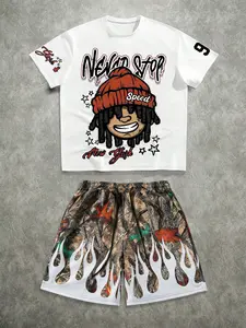 Men's 2-Piece Summer Tracksuit Set: "Never Stop" Beanie Boy Print Heavyweight Tee & Breathable Camouflage Flame Fire Graphic Shorts - Premium Hip-Hop Street Style Co-ord
