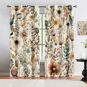 2 Piece Set Floral Pattern Decorative Privacy Grommet Curtains, Modern Home Window Drapes, Lightweight Breathable Fabric, Suitable for Bedroom Living Room Study