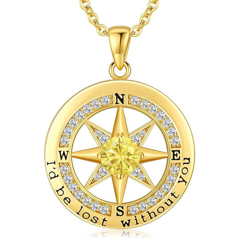 Personalized 12 Birthstone Compass Necklace | 925 Sterling Silver with Gold/Rose Gold/White Gold Plating + Zircon, Birth Month Jewelry for Women, Ideal Birthday Gift