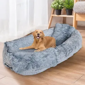 Human Dog Bed Fits You and Pets for People Doze Off, Washable Faux Fur Napping Orthopedic Dog Bed, Present Plump Pillow, Blanket, Strap-Grey