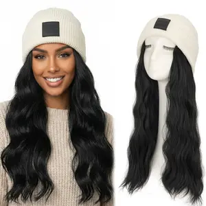 New Style Beanie Wig Hair Extensions 18 Inch Long Wavy Body Wave with Knitted Black&White Hat for Women Winter Synthetic Wig One Size Fits All
