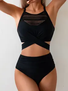 Women's Solid Color Bikini Set, Crossed Strap Chest, Hanging Neck Swimsuit, Vacation Style, swimming suit, Perfect for Beach and Pool