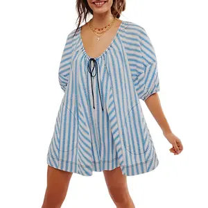 Women’s Summer Short Boho Jumpsuit/Playsuit, Half Sleeves, Sweetheart Neckline, Tie-Up, Striped