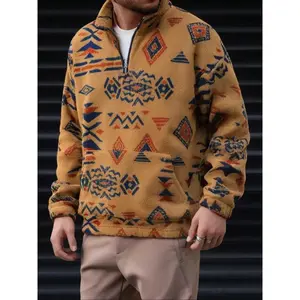 Women's Vintage Geometric Print Polyester Fleece Pullover, Quarter-Zip Design, Loose-Fitting, Cozy & Stylish for Fall/winter