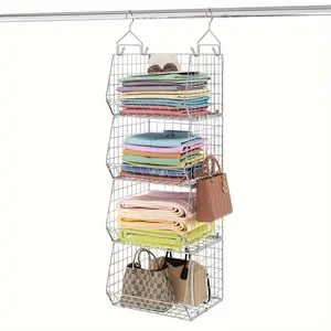 New 4-Tier Metal Closet Hanging Organizer - Spacious Wire Shelves & Baskets with 5 S Hooks for Effortless Storage of Clothing Sweaters Handbags and Accessories Racks Hangable