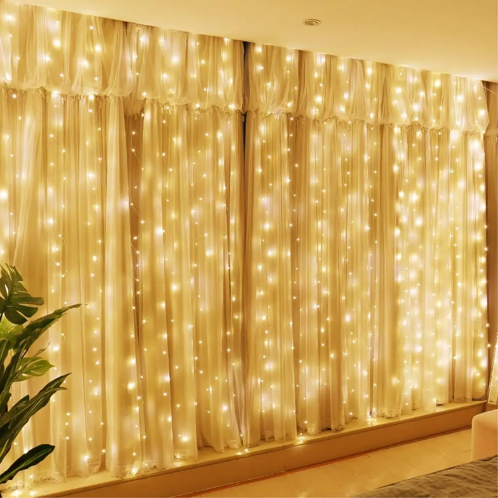 300LED Fairy Curtain Lights, 9.8x9.8Ft USB, Remote, 8 Modes & Timer | Dimmable, Christmas String Hanging Lights for Bedroom, Wedding Backdrop and Indoor Wall Decor, Warm White