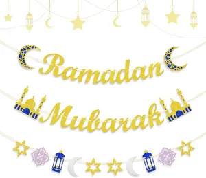 Ramadan Mubarak Banner Glitter Gold Decorations for Home Islamic Muslim Party Hanging Eco-Friendly Durable Reusable No DIY