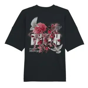 FAITH FLOWER PREMIUM OVERSIZE T-SHIRT MET PRINT OP DE RUG, Men's Regular Fit Letter Graphic Round Neck Tee, Street Fashion Streetwear Short Sleeve T-shirt for Summer Outdoor Wear, Graphic Tees, Comfy Men's Top for Daily Wear