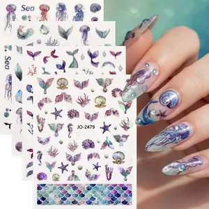 4 Sheets Laser Ocean Summer Nail Stickers, Sea Nudibranch Shell Pearl Mermaid Pattern Nail Art Decals, DIY Holographic Nail Decorations