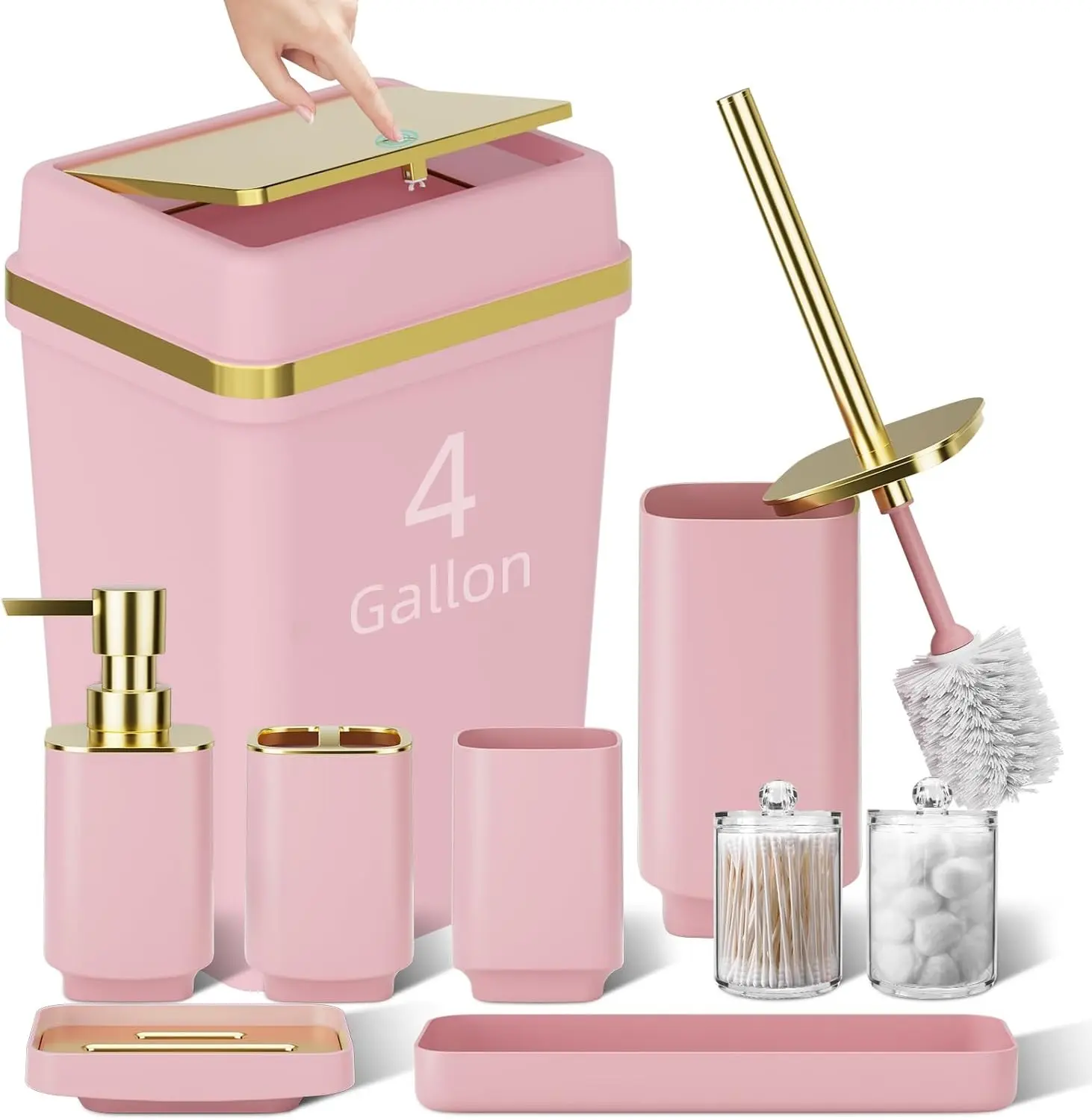 9PCS Bathroom Accessories Set Pink Bathroom Set Bathroom Accessories Sets Complete with Trash Can, Toilet Brush, Soap Dispenser, Qtip Holder, Toothbrush Holder Bathroom Decor Sets
