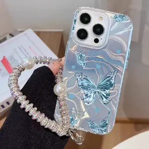 Laser Butterfly Phone Case with Rhinestone Chain Lanyard For OPPO A6T A6S A6X A6 A5 A3 Pro A5M A40 A38 A18 A80 A60 A8 A58 A57 A77 A79 A17 A17K A78 Cover Cases