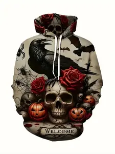 Men's Halloween Hoodie, Long Sleeve, Festive 3D Skull & Pumpkin Print, Rose Design, Casual Fitted Pullover, Street Style, Sweatshirts, Graphic Hoodies