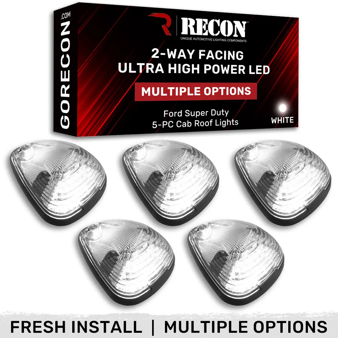 RECON Ford 1999-2016 Super Duty F250 F350 5-Pc Cab Roof Lights 2-Way Front & Rear Facing Ultra High-Power LEDs (For Models That DID NOT Come With Factory Cab Lights)