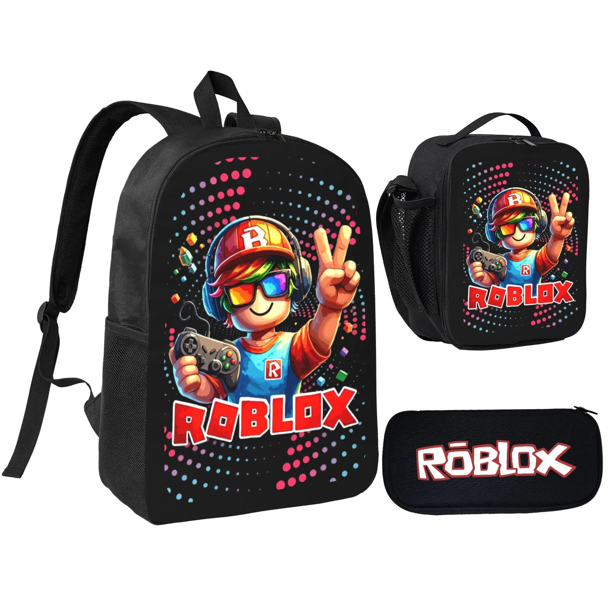 Roblox Backpack Set 3 PCS with Schoolbag Lunch Bag Pencil Case Back to School for Teenagers Students Durable Bookbag
