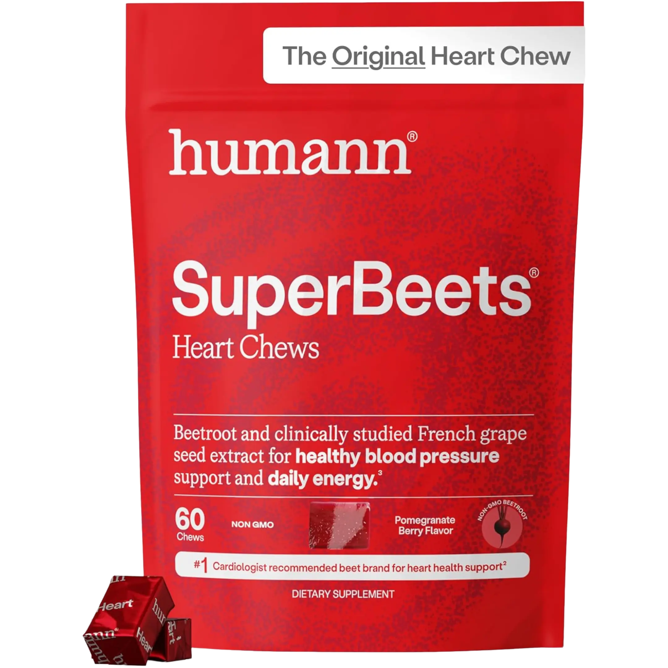 humanN SuperBeets Heart Chews, Beet Root Powder Support Energy Supplement, Nitric Oxide and Blood Pressure Support, Grape Seed Extract & Non-GMO, Heart Health, Pomegranate Berry Flavor, 60 Count