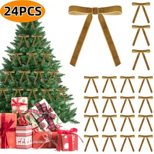 24-Piece Vintage Velvet Christmas Bows - Elegant Brown Gift Topper & Ornament Set for Holiday Tree and Home Decor