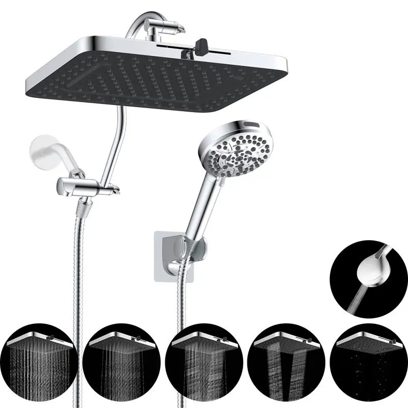 Hibbent Upgraded 5-spray 13'' Shower Head, High Pressure Rainfall Shower Head, Dual Showerhead Combo with 10-mode Handheld Spray, 12'' Adjustable Extension Arm, 71'' Hose, Showerhead Holder, shower head