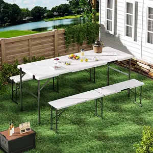 6FT Folding Picnic Table Set with 2 Benches, Heavy Duty 330 LBS Support HDPE Tabletop, Foldable Camping Table for Patio, BBQ, Party, Backyard, Outdoor Gathering, White