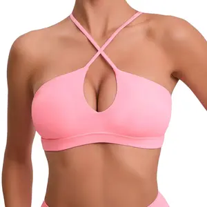 Pink V-Neck Sports Bra for Summer - Quick-Drying, Breathable, with Removable Pads, Adjustable Straps, Open Back for Secure Fit - Running, Exercise, Training, Cycling, Yoga Bra
